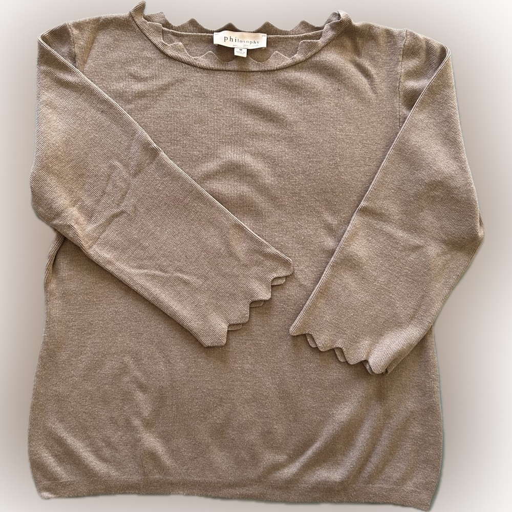 Philosophy Sweater Women's Medium Beige 3/4 Sleeve Scalloped Stretch Knit